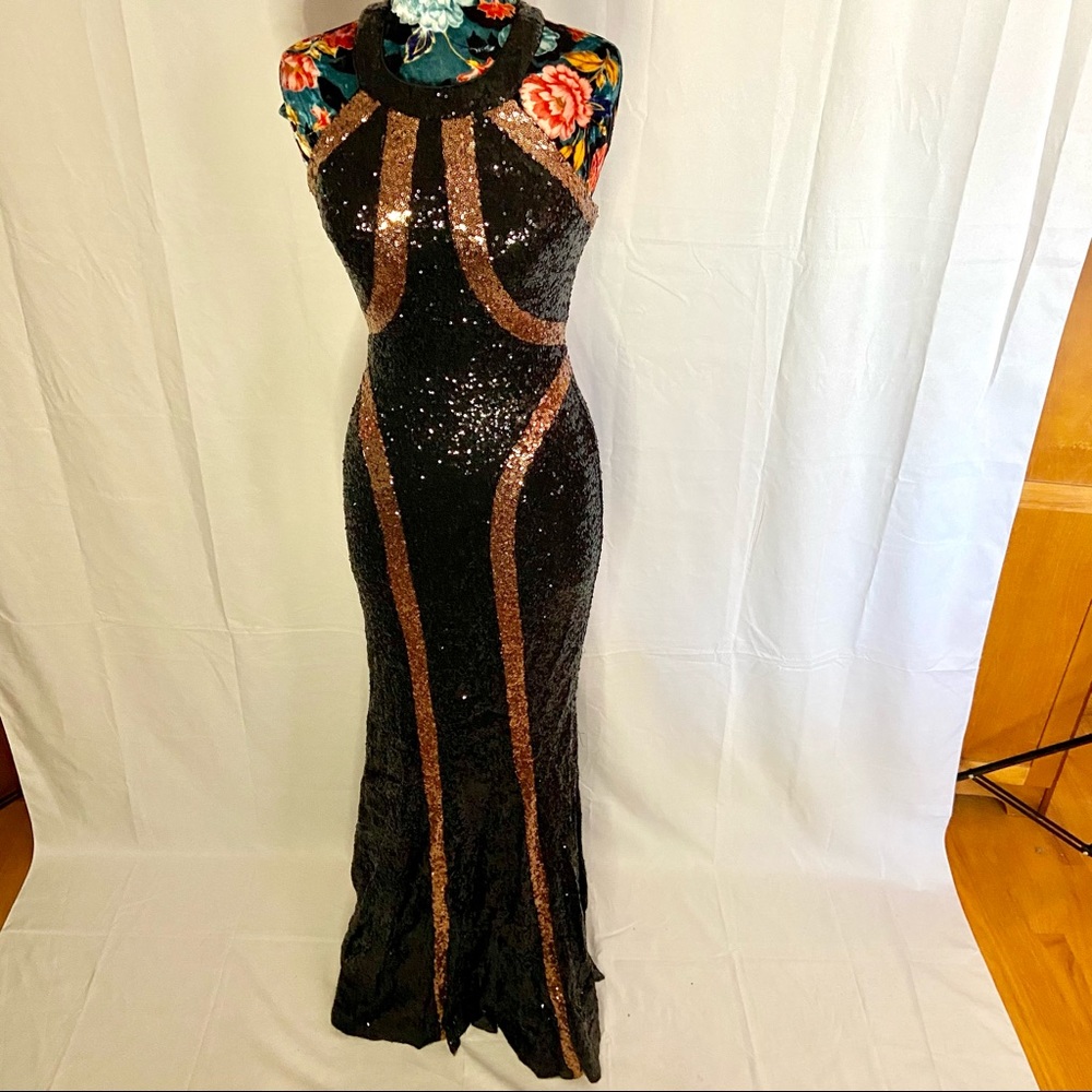 Faviana Black and Rose Gold All-Over Sequin Gown